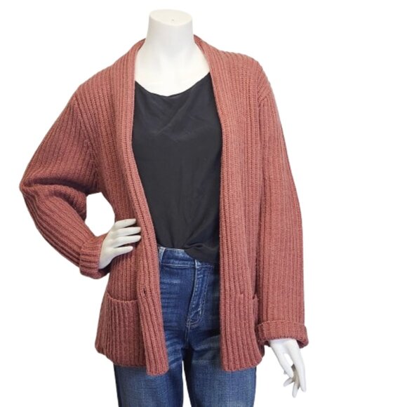 Vtg 80s CREW Womens M Mauve Shaker Knit Wool Blend Cardigan Sweater w Pockets - Picture 1 of 8